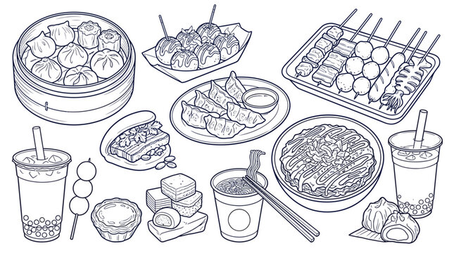 A collection of delicious Asian street food dishes and drinks, presented in a clean line art illustration style.