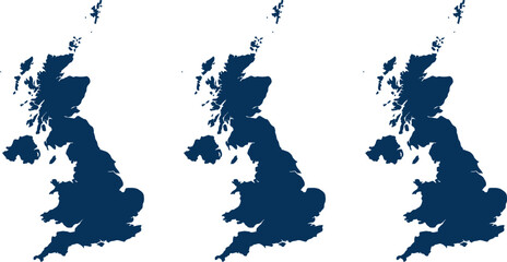 Three identical blue silhouettes of the United Kingdom map on white background  geographic illustration © Pixel Verses