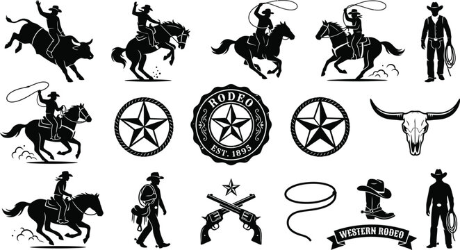 Black silhouettes of cowboys riding horses roping cattle and western rodeo icons on white background