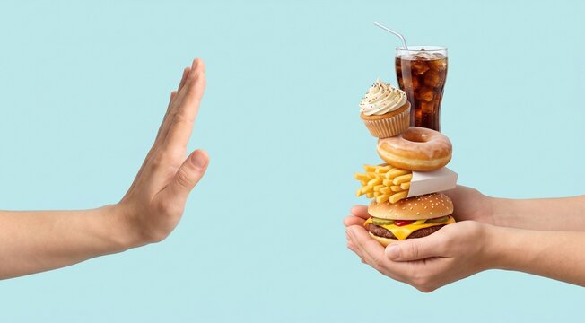 Conceptual healthy lifestyle and diet choice image, a human hand on the left making a stop gesture toward unhealthy fast food options displayed on open hands on the right. Various junk foods