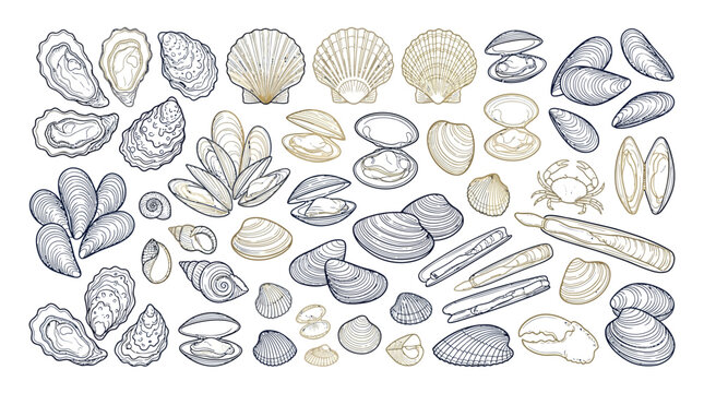 Collection of various shellfish and seafood illustrations, including oysters, mussels, clams, scallops, and razor clams.
