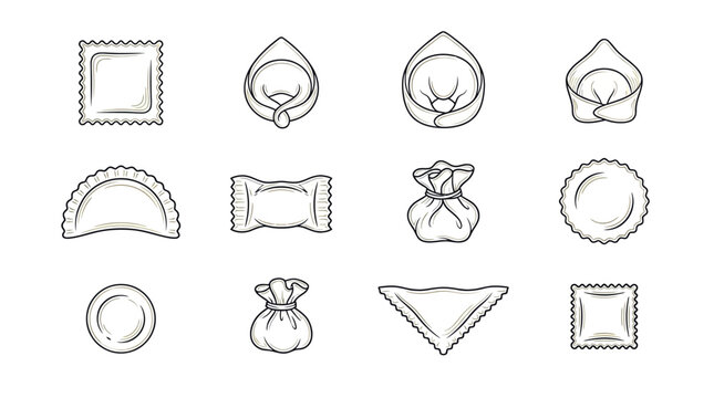 Collection of various dumplings and filled pasta shapes, hand-drawn line art illustrations.