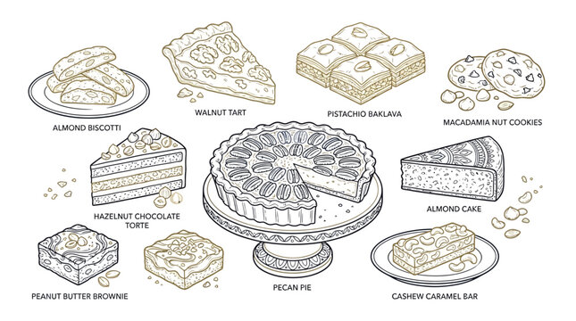 A delightful assortment of sweet baked goods, including tarts, cakes, cookies, and bars, presented in a charming hand-drawn illustration.