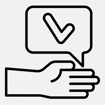 Hand gesture of agreement line icon, approval concept. Vector graphics. Checkmark bubble and hand sign outline style icon mobile or web design.