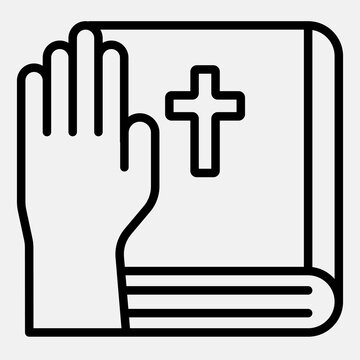 Hand on the Bible line icon, oath concept. Vector graphics. Religion book sign outline style icon mobile or web design.