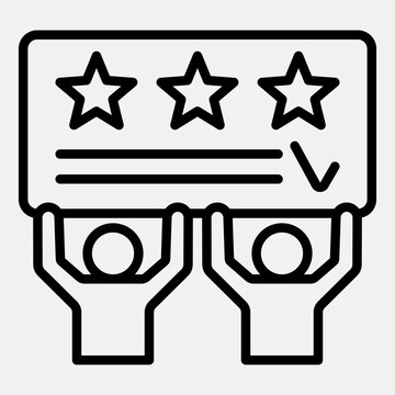 Voters hold ballot paper line icon, elections concept. Vector graphics. People with banner sign outline style icon mobile or web design.
