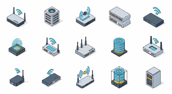Collection of isometric icons representing various network devices and servers, including routers, switches, and data storage units.