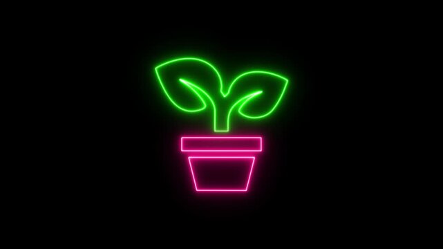 Animated Neon Plant in Pot Icon. Glowing Green Neon Potted Plant Icon Animation on Black Background
