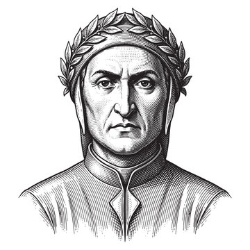 Dante Alighieri Portrait with Laurel Crown, Vintage Italian Poet Line Art