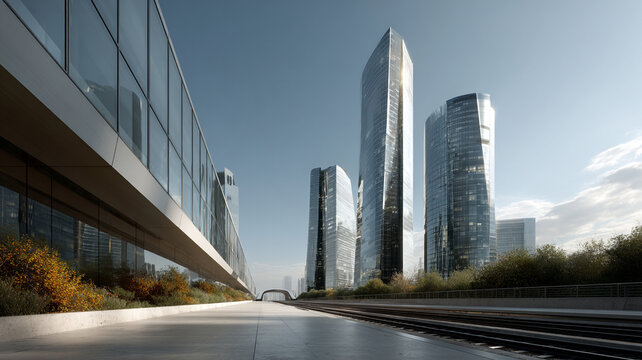 High speed rail, future infrastructure, city skyline, modern skyscraper, glass building with track corridor and clear urban sky