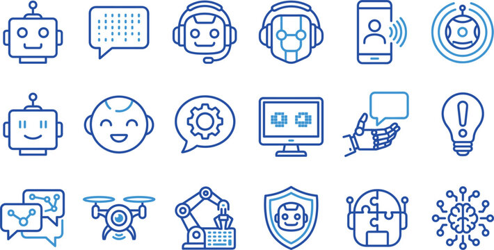 Artificial intelligence AI chatbot and robot line icon set with robotic arm drone technology machine learning automation symbols