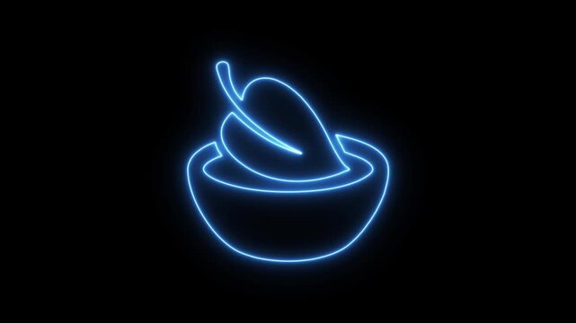 Glowing Food Bowl Illustration in Blue Neon Style. Neon Bowl Icon with Steam Glow on Black Background