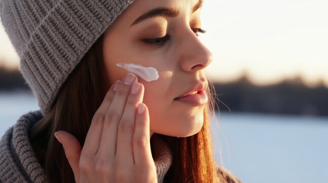 Young woman applies face cream outdoors in winter. She wears a grey beanie and scarf, protecting her skin from cold. Healthy glow from moisturizing.