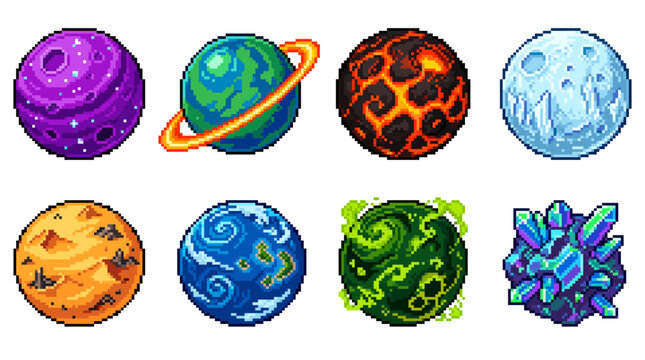 Pixel art planets and cosmic meteoroids set creating a diverse collection of alien worlds for gaming, fantasy, and sci-fi digital design asset packs