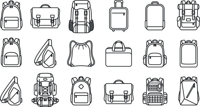 Backpack bag and travel luggage line icon set with school rucksack briefcase suitcase sling pouch pocket for adventure