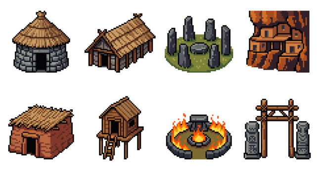 Pixel art set of ancient and prehistoric village buildings and structures&mdash;stone huts, longhouses, cliff dwellings, stone circle, ritual fire pit and wooden gate for game assets