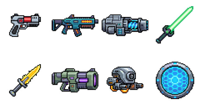 Pixel art collection featuring various futuristic combat and defense equipment for game development, including firearms, melee weapons, a drone, and an energy shield