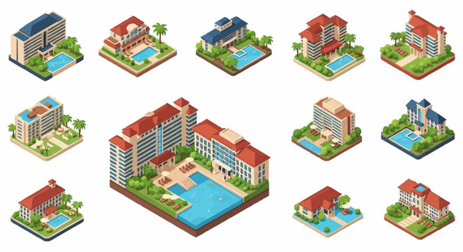Collection of isometric buildings, including hotels, houses, and villas with swimming pools and gardens.