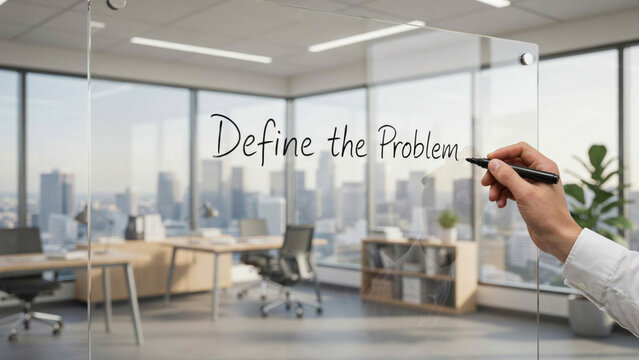 Define the Problem text written on glass board, hand holding marker in modern office, business strategy and problem solving concept