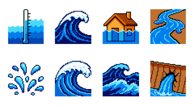 Climate change and natural disasters pixel art set showing water levels rising, big ocean waves, house flooding, rivers flowing, water splashes, and a breaking dam