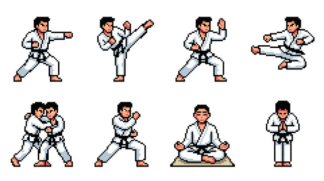Pixel art karate fighter performing various martial arts stances and actions, including punching, kicking, grappling, meditating, and bowing, representing classic retro gaming sprites