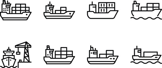 Cargo ship icon set representing global logistics maritime freight container transport ocean delivery commercial shipping seaport industrial supply chain. © MOMINA