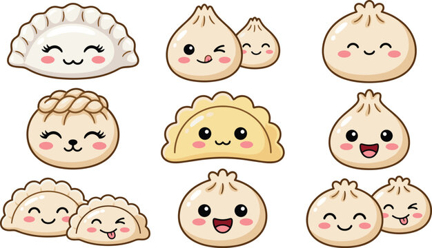 Cute cartoon dumpling emoji character set with kawaii smiling faces dim sum gyoza baozi illustrations isolated on white background for restaurant menu design