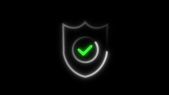 Futuristic glowing neon shield icon with a green check-mark check validation loop animation, representing cyber security, data privacy protection, verified anti-virus safety guarantee,