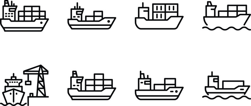 Cargo ship icon set representing global logistics maritime freight container transport ocean delivery commercial shipping seaport industrial supply chain.