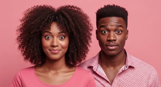 Surprised African American Couple with Amazed Facial Expressions Isolated on Pink Background