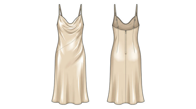 Technical Fashion Flat of a Women&rsquo;s Bias-Cut Silk Slip Dress with Front and Back Views Side-by-Side