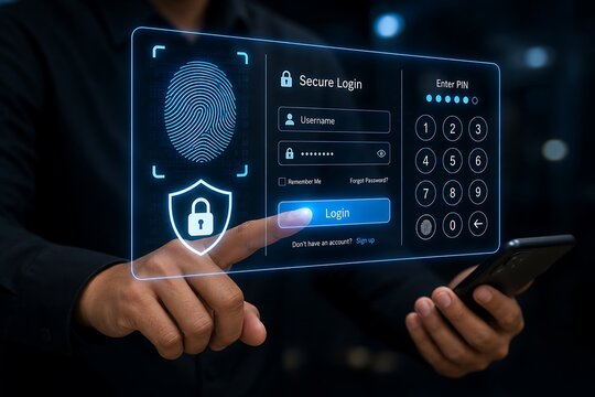 Person's fingerprint and login screen displayed on a futuristic interface signifies secure digital access and identity verification.