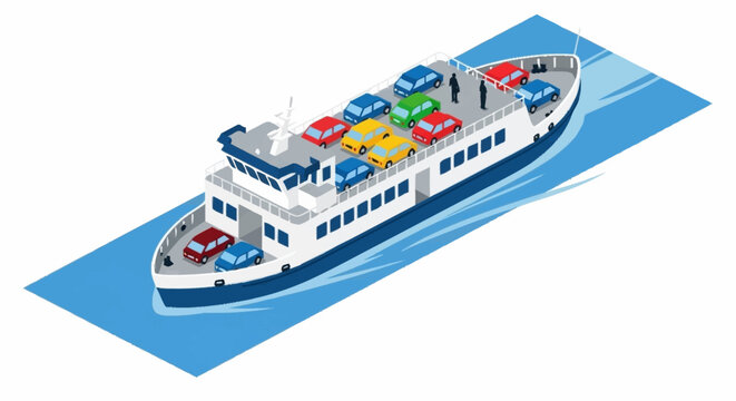 A modern car ferry transporting several colorful vehicles across the blue water.