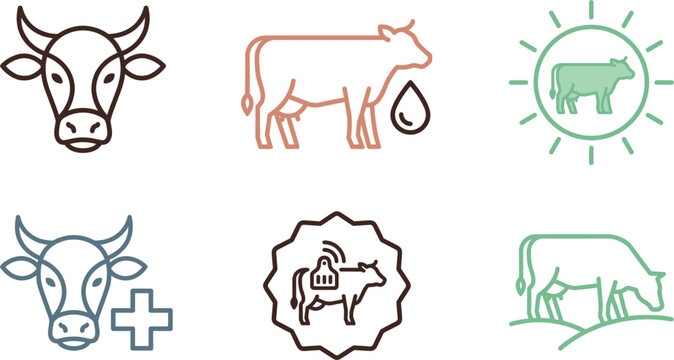 Cow farming icon set representing dairy production smart agriculture cattle veterinary care livestock organic pasture management ranching industry.