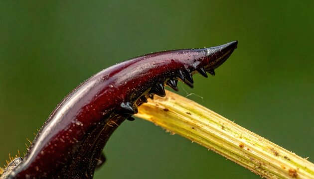 Close-up of a dark, curved insect mandible gripping a thin, yellow plant stem