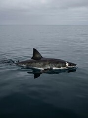 Fototapeta premium Great white shark swimming at the surface, calm ocean water.