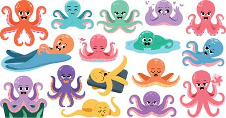 Generative AI vector illustration of cute octopus characters bundle with funny expressions and sea creatures icons collection isolated on white © Md