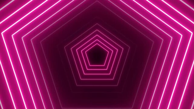 Neon pink pentagonal tunnel abstract background, with glowing geometric, light motion