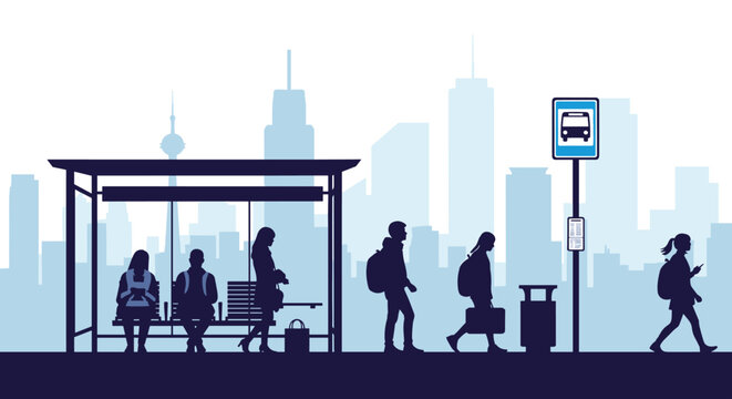 Blue silhouettes of commuters are waiting at a city bus stop against a hazy urban skyline background with various modern buildings.