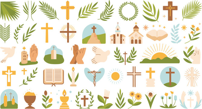 Christian religious celebration vector element set with cross symbols church buildings palm branches open bibles and easter resurrection designs.