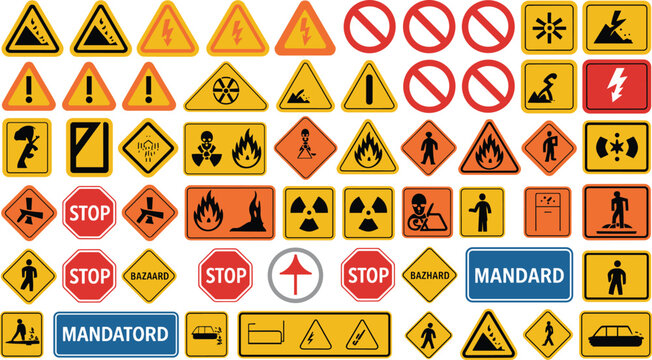 Industrial safety and road traffic warning signs vector set featuring hazard symbols stop labels and construction site mandatory notices.