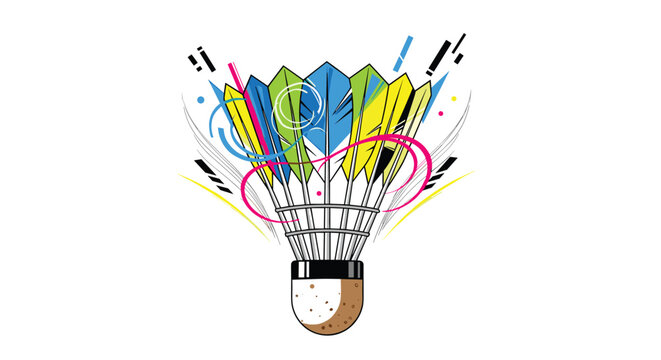 Vibrant badminton shuttlecock illustration displays colorful feathers and stylized motion lines on a plain background.