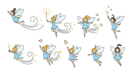 Naklejka premium Collection of small fairy characters wearing blue dresses displays various flying and magical poses with star wands.