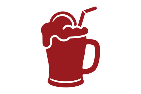 Bold crimson graphic vector illustration depicting a classic frothy root beer float dessert beverage served in a traditional handled mug with a slender drinking straw a refreshing sweet treat icon des