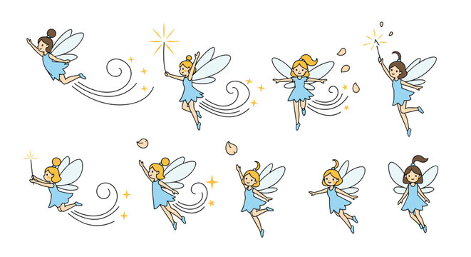 Collection of small fairy characters wearing blue dresses displays various flying and magical poses with star wands.