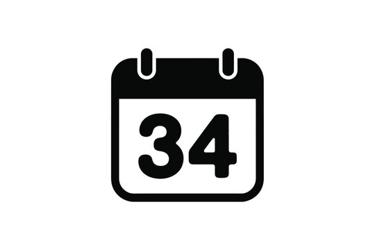 Minimalist Black Vector Icon Featuring A Simple Square Calendar Page With Two Circular Hanging Rings At The Top Displaying The Number Thirty Four In A Bold Sans Serif Typography Style Isolated Object
