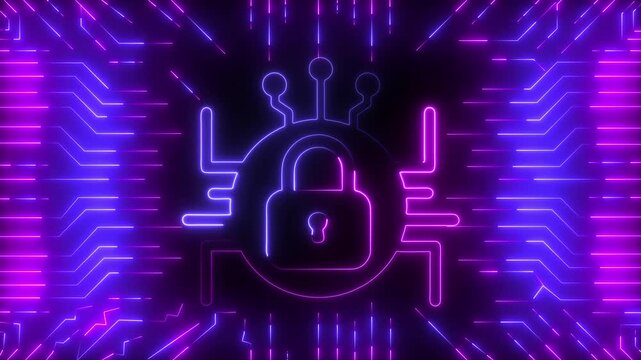 Cyber security digital lock with glowing neon circuit board background, for data protection