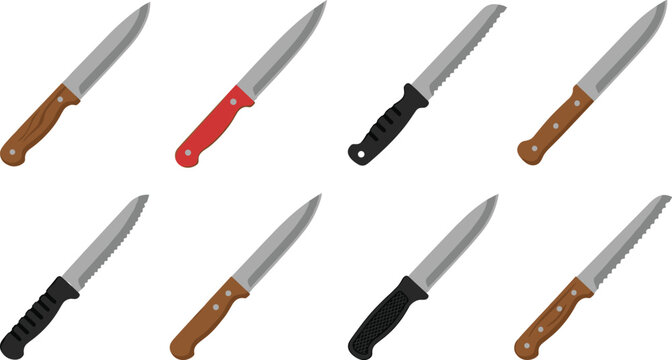 Kitchen knives vector set with various steel chef blades serrated bread knife and wooden handles utensils collection isolated on white background for cooking design
