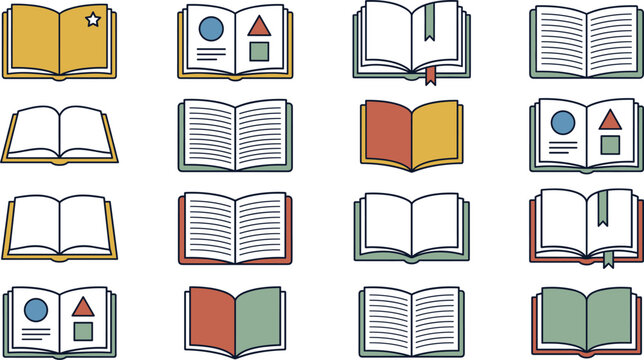 Open book icon set representing library reading education school university literature academic publishing study homework textbook learning information.