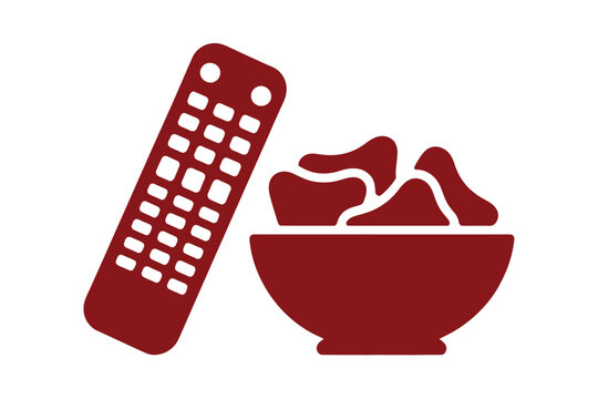 Minimalist dark red remote control and snack bowl of potato chips vector icon on white background representing television entertainment movie night snack and home leisure relaxation